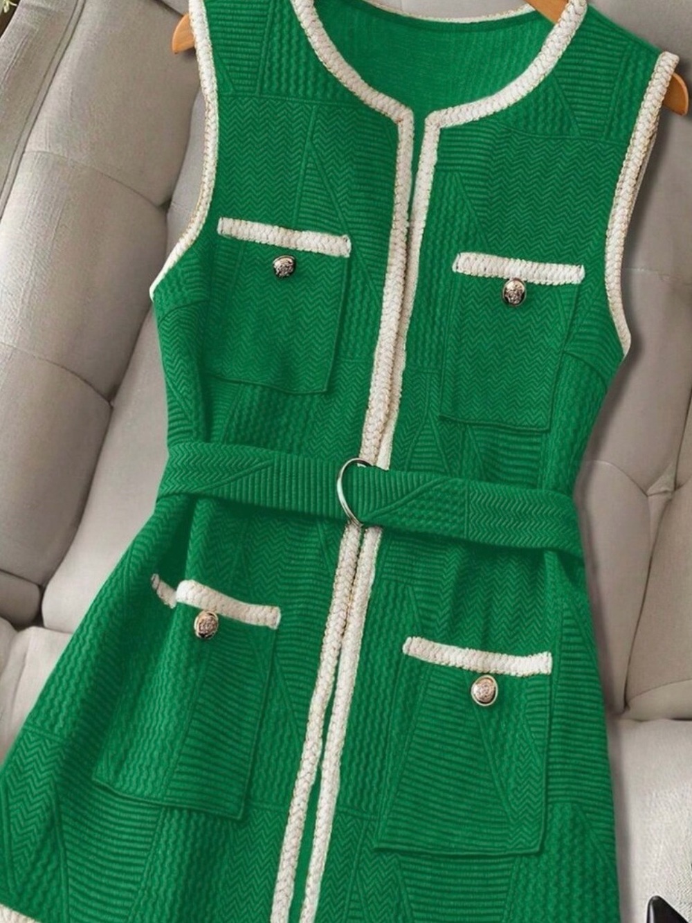 Green Sleeveless Belted Top/Vest with Contrast Trim